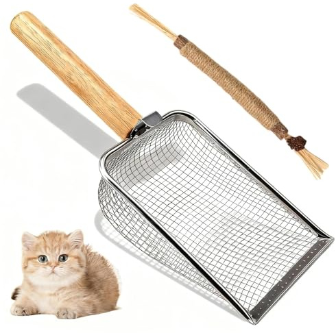 PHMING Rete a 6 Maglie Paletta per Lettiera Gatto, Acciaio Inossidabile Paletta Lettiera Gatto con Giocattolo per Gatti, Manico Lungo, Adatto agli Animali Domestici