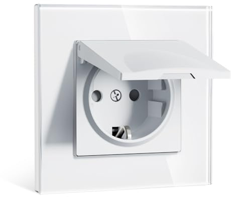 BSEEDLIFE Schuko Steckdose mit Wasserdichter Abdeckung, Unterputz 86 * 86mm, 16A EU-Steckdose mit Glasrahmen, Spritzwassergeschützt für Bad/Küche, Einfache Installation (Klappkrallen), 1-Fach Weiß