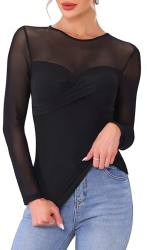 Allegra K Transparent fisknätstopp med dubbel tjocklek sexig rund hals, svart, M