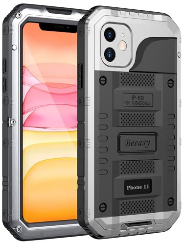 Beeasy für iPhone 11 Wasserdicht Outdoor Hülle, Metall Stoßfest Panzerhülle Militär 360 Grad Schutzhülle mit Displayschutz, Robust Heavy Duty Handyhülle iPhone 11 Case 6,1, Silber