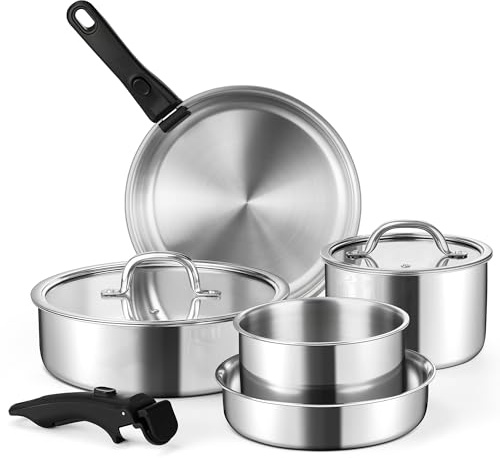 E-far 9pcs Stainless Steel Cookware Set, 3-Ply Pots and Pans Set w/Detachable Handle & Lid, Induction Cookware Kitchen Cooking Set for RV Camping, Nontoxic Whole Clad Frying/Saute/Sauce Pan, Oven Safe