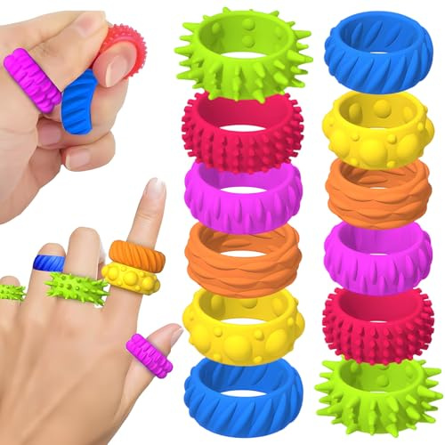 MOTIBACK 12 Pack Fidget Sensory Rings for Anxiety Relief, Anti-Stress Calming Spinner Rings for Autism, Stress Relief Fidget Ring for All Ages Christmas Birthday Gifts, Classroom & Office Use