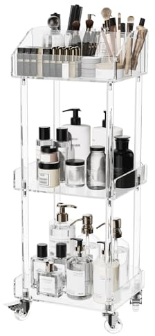 Aquiver Acrylic Makeup Organizer Storage Cart - 3 Tier Rolling Makeup Cart Vanity Organizer - Cosmetics Display Cases Holder for Skincare Cosmetics, 11.8'' L x 9.8'' W x 31.7'' H, Clear