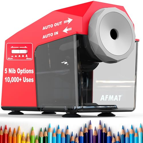AFMAT Electric Pencil Sharpener, Auto in & Out,10,000+ Uses, 5 Nibs, Fully Automatic Pencil Sharpener for Classroom, Fast Heavy Duty Sharpeners for No.2/Jumbo/Colored Pencils(6.5-10.5mm), Red, PSC4