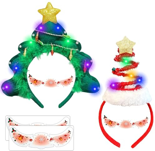 LUKIUP 2 Stück Rentier Haarreif mit LED, Enthält 2 Gesichtsaufkleber, Kinder und Erwachsene Weihnachten Haarband für Weihnachten Weihnachtsfeiern Party Haarschmuck Weihnachts Haarschmuck