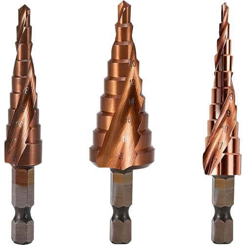 Houbobo 3PCS Cobalt Step Drill Bits, 3-20mm Premium HSS Cobalt Step Drill Bit Set with Spiral Flute, Durable Drill Bits with 1/4 Hex Shank for Stainless Steel, Hard Metals, Aluminium and DIY Project