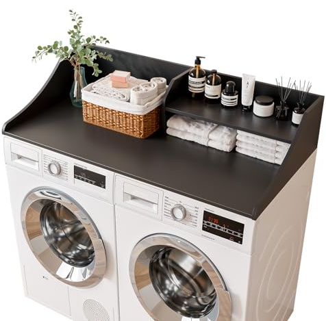 Memobarco 2 Tiers Washer Dryer Countertop, 54 Width x 27.5 Depth Laundry Countertop Organization, Wooden Washer and Dryer Topper for Folding, Sorting & Ironing, Easy to Install, Black