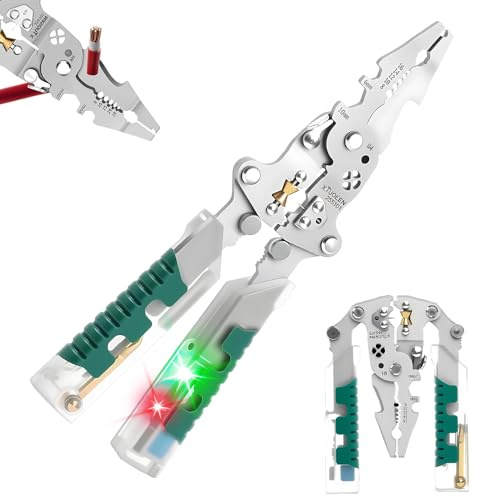 Electrical Pliers, 12 in 1 Foldable Wire Stripper, Multitool Cable Cutters, Cable Crimp Tool with Electricity Tester, Screwdriver Wire Stripper with Non-Slip Grip for Electricians