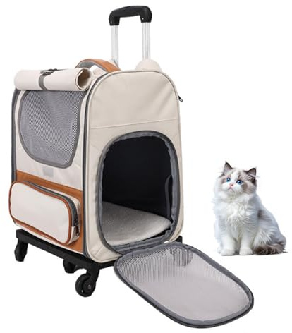 Mochila para mascotas con ruedas, mochila portátil de transporte para perros y gatos (hasta 8 kg), carrito extraíble y bolsa plegable para gatos con red transpirable, cochecito para mascotas (beige)