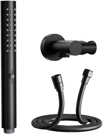 OihPaw Pommeau de douche, noir, douchette cylindrique avec 2 modes de jet | Support en laiton, douchette ABS jets pluie/brume, flexible anti-torsion 1,5 m, Pomme de douche à main + flexible + support