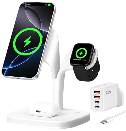 APXEL 3 in 1 Wireless Charging Station, MagSafe Charger Magnetic Charging | for iPhone 17/Air/16/15/14/13/12 Series, Earphone Pro 4/3/2, Apple Watch Series/Ultra (with 120W Charger)