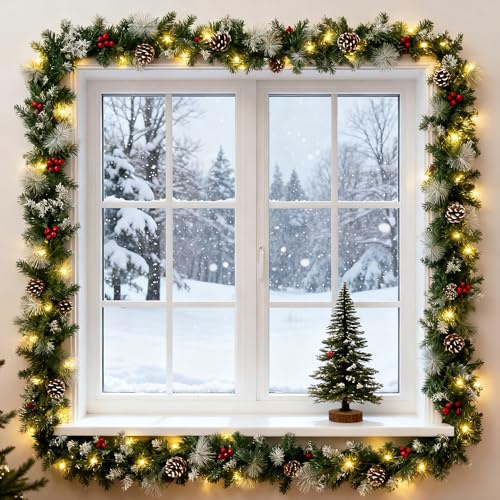 Eldzenith Tannengirlande mit Beleuchtung 8m 150 LEDs, Weihnachtsgirlande Aussen, Girlande Weihnachten mit Tannenzapfen Rote Beere, 8 Lichtmodi, Weihnachtsdeko Girlande für Treppen Kamin Haustür