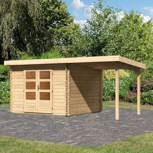 Karibu | Abri de Jardin Bois Massif 8,82m² Bastrup 5 avec Appentis 200cm | Épicéa Nordique Naturel | Double Porte Vitrée & Serrure | Toiture Bois 16mm | Dimensions 514x333cm