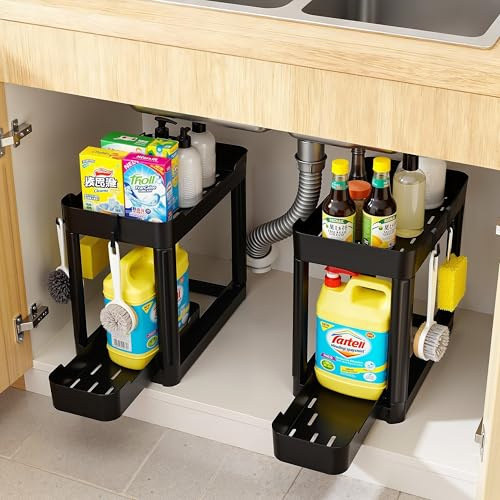 Ribelli 2er Set Küchen Organizer, Organizer mit Ausziehbarer Schublade, 40x22x33.8cm Spülschrank Organizer mit 8 Haken, Aufbewahrung für Küche & Bad, Schwarz