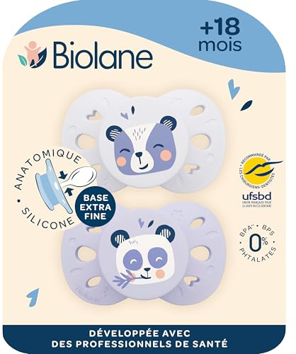 BIOLANE - Tétines Anatomiques Animaux 18 Mois+ - Sucettes Lilas Bicolore | Téterelle extra-fines, plate et réversible, Confort optimal, Respect du développement bucco-dentaire, Recommandés par UFSBD