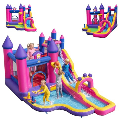 COSTWAY Château Gonflable sur Thème Princesse avec Toboggan et Maison de Saut, Aire de Jeux Gonflable avec Mur d’Escalade et 2 Piscines, Panier de Basket, Intérieur Extérieur pour 3-12 Ans