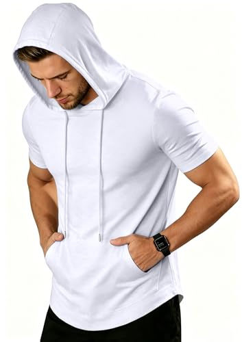 ZITY Tshirt mit Kapuze Herren Shirt Kurz Leichtes Sommer Gym Trainingsshirt mit Känguru-Tasche für Laufen,Boxen und Wandern M-3XL