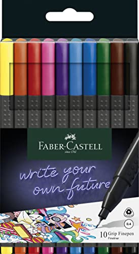 Faber-Castell 151610 Box mit 10 Grip Finelinern, 0,4mm Fineliner Stifte mit ergonomischem Griff, Zeichnungs- und Faserstifte mit feiner Spitze für Erwachsene, Lebendige farbige Kunststifte