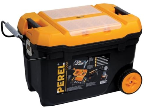 Perel Boîte à outils sur roues, polypropylène, avec plateau porte-outils amovible, fermetures métalliques, rainure en V et 2 compartiments dans le couvercle, poignée télescopique, noir/orange, 595 x