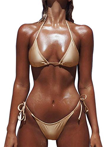 SHERRYLO stringbikini två delar baddräkt för dam triangel topp brasiliansk botten S-XL kropp, Guld, en storlek