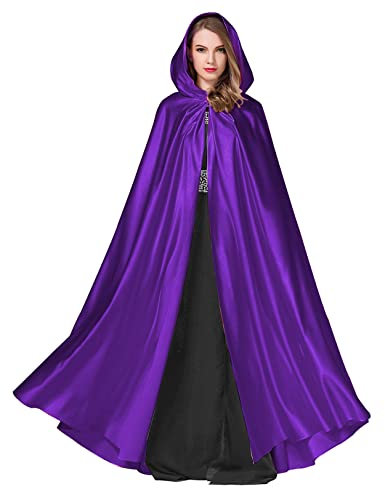 BEAUTELICATE Cape à Capuche Longue pour Femme Mariée Mariage Poncho en Satin De Automne Hiver Manteau Médiéval Unisexe Déguisement De Halloween Noël Carnaval(Taille Unique, Violet)