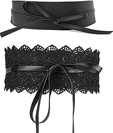 Jurxy 2 PCS Damen Spitze Breite Gürtel Leder Bowknot Taille Band Kleid Taillengürtel - Schwarz