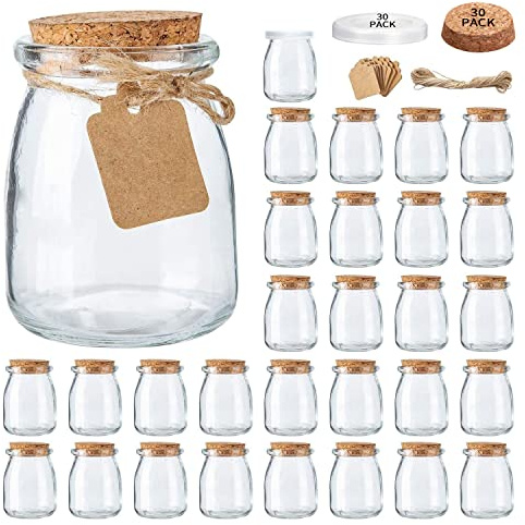 Brajttt 30 Pack Mini Glass Yogurt Jars 200ml with Cork Lid, Glass Jar with Lid, Wedding Gifts, Honey Jar with Tag and String