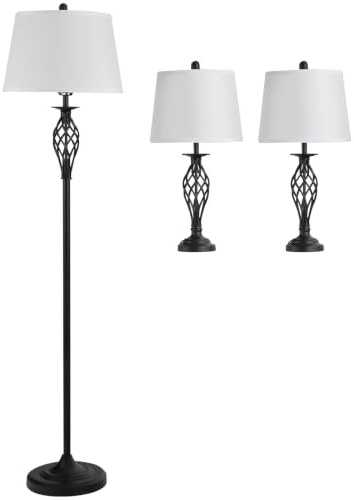 HOMCOM 3er-Lampenset Vintage Standlampe mit Fußschalter Schwarz+Weiß | 2 Tischlampe(ø38 x 158H cm) + 1 Stehlampe(ø30 x 62H cm), Leselampe, Wohnzimmer, Schlafzimmer, Metall