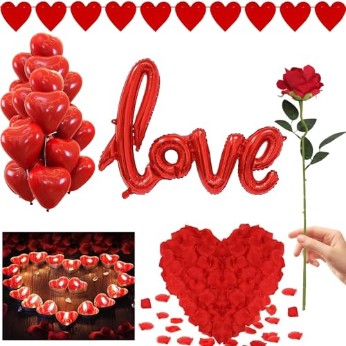 Romantisches Deko Set, 50 Teelichter Herz Girlande 1000 Rosenblätter, 20 Luftballons in Herzform | XXXL LOVE Folienballon Valentinstag Deko für Valentinstag Hochzeit oder Verlobung