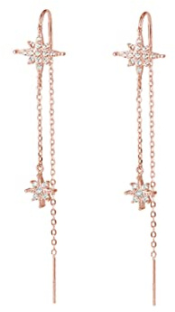SLUYNZ 925 Sterling Silver CZ Star Chain Earrings Line for Women Teens Dangle Earrings Elegant Long Earrings Threader