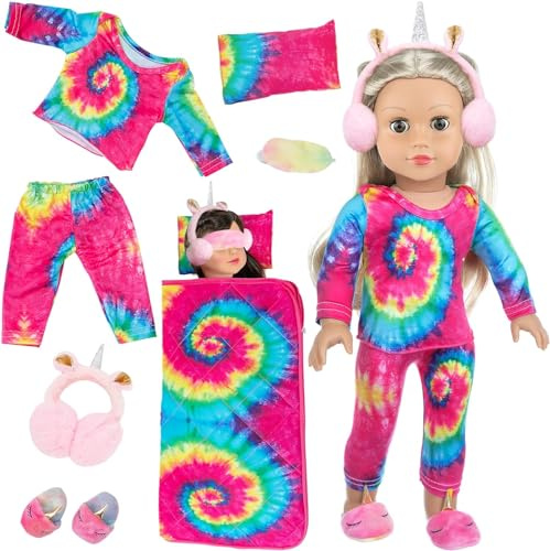 ZITA ELEMENT 8 Pcs Doll Bag Clothes Accessories for 18 Inch Dolls | Pajamas Clothes & Sleep Bag;Fits 45cm Doll;Matching Eye Masks,Pillow;Doll Not Included