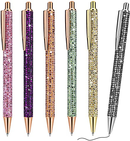 cobee Metallpennor med bling, 6 stycken infällbara kulspetspennor, 1,0 mm, svart bläck, kulspetspennor i metall med glitter, kulspetspennor för män, kvinnor, skola, kontor, hem, ritning (rutigt mönster)