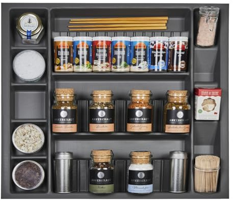 Orga-Box I Multi-Gewürzdoseneinsatz 515 x 473 x 40 mm oriongrau mit Antaro | Antiruschbeschichtung Multi-Gewürzglaseinsatz für Tandembox Intivo u. ModernBox im 60er Schrank Schubladeneinsatz