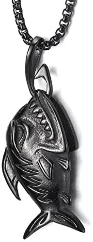 COOLSTEELANDBEYOND Schwarz Hai Scharfe Zahn Fisch Skelett Knochen Edelstahl Anhänger Halskette für Herren, 75cm Stahl Weizen-Kette
