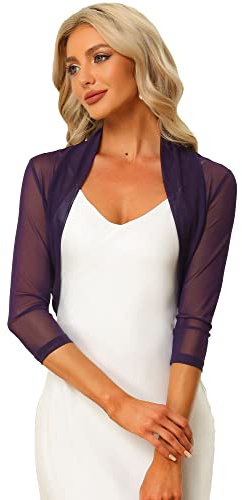 Allegra K Women's Semi Sheer Mesh Cardigan Elegant 3/4 Sleeves Stretchy Bolero Shrug Purple L