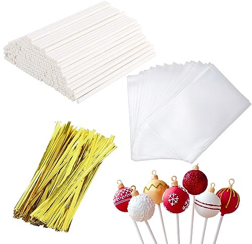 300 Pcs Cake Pop Sticks Set, 100Pcs 10CM/4IN Lollipop Sticks, 100Pcs Parcel Bags and 100Pcs Twist Ties, Paper Sticks for Cakepop, Lollipop, Hard Candy, Cake Lollipop Pops Making Tools
