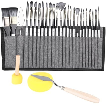 Zawaer Acryl Pinsel Set, 28PCS Pinselset, Pinselset Acrylfarben, Pinsel Set für Aquarell, Öl, Steinmalerei, Nagelpinsel, Künstlerpinsel, Malerpinsel Mit Schaumpinsel und Schwämme, Organisationstasche.