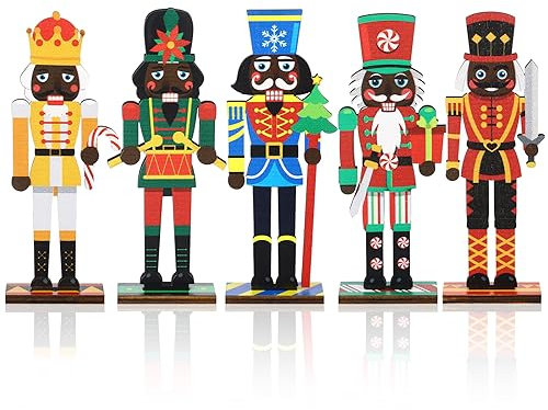 Suzile 5 Pcs Christmas Nutcracker Ornament Set Wooden Nutcracker Ornaments Decoration for Xmas Tree Table Decor Traditional Black African American Nutcracker Figures, 5 Styles