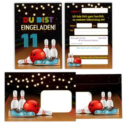 Minkocards 12 Einladungskarten incl. 12 Umschläge zum 11. Kindergeburtstag Kegeln Bowling Mädchen Jungen Einladungen elfte Geburtstag Kinder Einladungsset