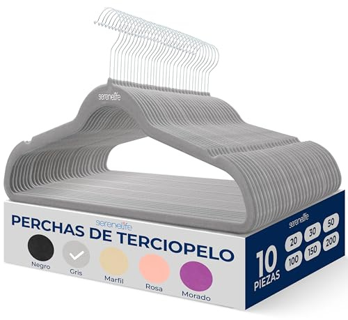 SereneLife Perchas Ropa, Terciopelo, 10 Piezas, Antideslizantes, Finas y Suaves, con Gancho Giratorio de 360°