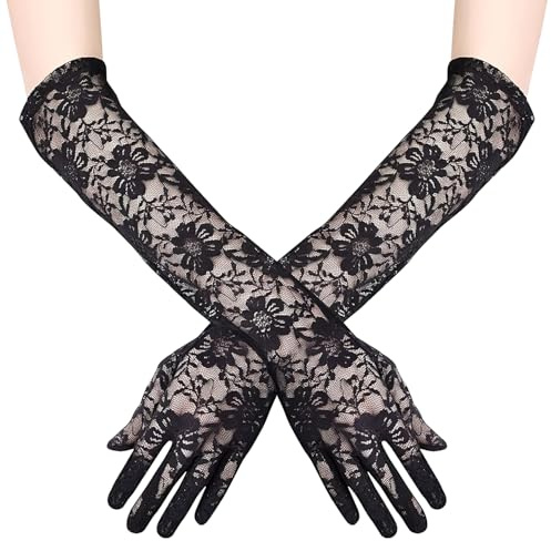 Guantes largos de encaje para mujer, guantes de novia hasta el codo, guantes de encaje floral para mujer, guantes largos de encaje, guantes elegantes de encaje para boda, ópera, fiesta de té (negro)