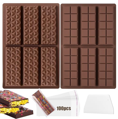 Moule Tablette Chocolat,Moule Mini Tablette Chocolat,Moule a Chocolat,Moule Chocolat en Silicone MéNager de Qualité Alimentaire Set de 2 Moules, 100 Sachets Opp, 1 Spatule(Losange,Carré）