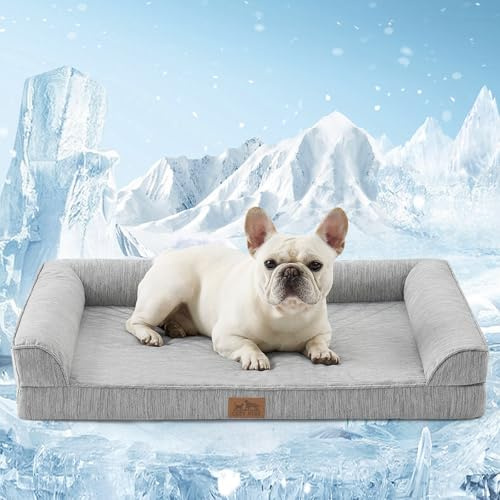 COZY KISS Letto Refrigerante Ortopedico per Cani di Taglia Grande 91x69x16 cm - Divano Ergonomico per Cani con Rivestimento Rimovibile e Lavabile & Schiuma a Nido d'Ape, Impermeabile, Grigio Argento