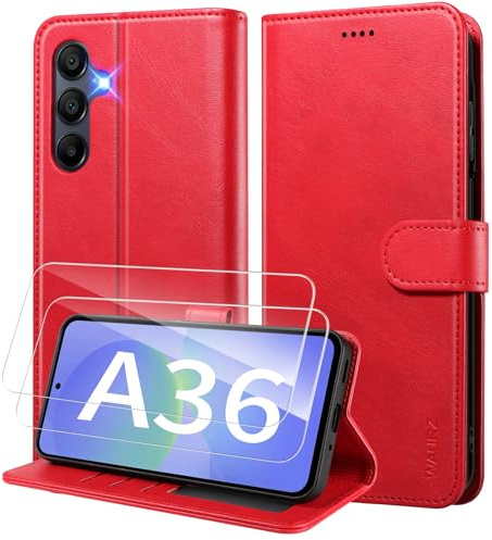 WAURZ Cover per Samsung Galaxy A36 5G Custodia Cover Pelle Libro con 2 Pellicola Vetro Temperato Protezione Schermo Portafoglio Porta Carte Antiurto Cuoio Flip Case Custodia Cover,Rosso