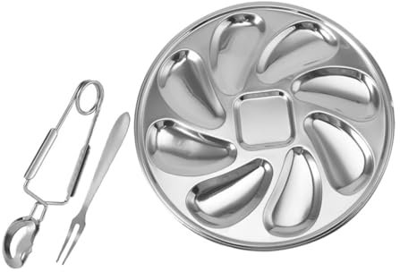 GRIRIW 1juego Platos De Ostras De Acero Inoxidable Incluye Tenedor y Clip Resistente La Corrosión Para Restaurantes y Eventos