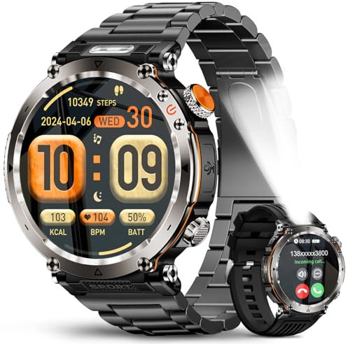 Ethelred Montre intelligente militaire pour homme, montre de sport LED lampe de poche d'extérieur boussole Bluetooth, répondre/composer un appel 4,3 cm, traqueur de fitness deux sangles pour