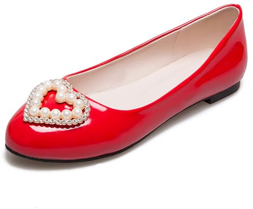 Renessmi Casual Patent Flats Round Toe Slip On Women Shoes Sweet Candy Color Comfortable Ballet Dolly Shoes Footwear Red Size 9 UK-45 CN