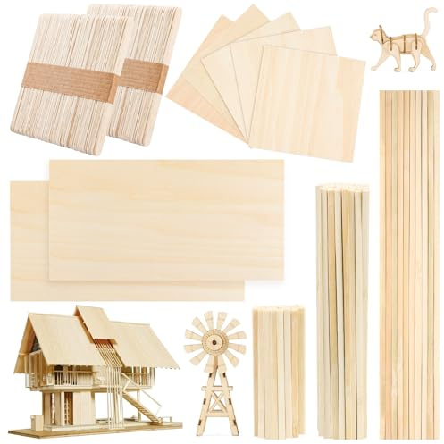 DOITEM Lot de 217 bâtonnets carrés en bois de balsa naturel - Bâtonnets carrés - Parfaits pour les travaux manuels