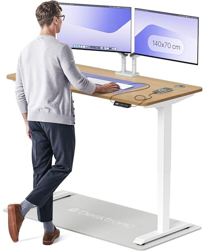 Desktronic Höhenverstellbarer Schreibtisch aus massivem Eichenholz (140x70cm) – Elektrisch höhenverstellbar mit flüsterleisem Dual-Motor & Touchscreen – Hohe Tragfähigkeit – Stehtisch HomePro