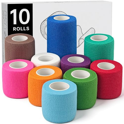 HONYAO Self Adhesive Bandage 10 Rolls, Pet Vet Wrap for Dogs Cats, Cohesive Bandage for Sports Wrist Ankle Stretch Sprains Swelling First Aid, 3 Sizes(10cm & 7.5cm & 5cm x 4.5m), 10 Colours